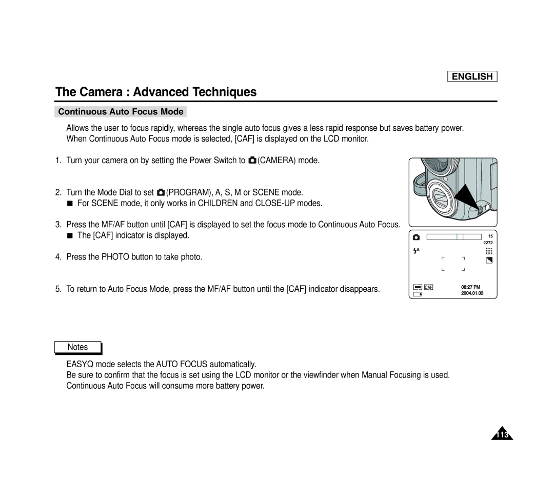 Samsung SCD6040 manual Continuous Auto Focus Mode 