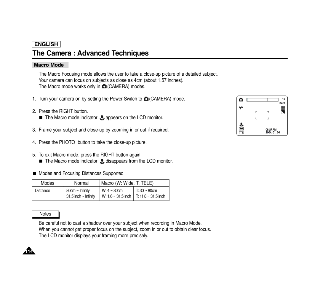 Samsung SCD6040 manual Macro Mode, Modes Normal Macro W Wide, T Tele 