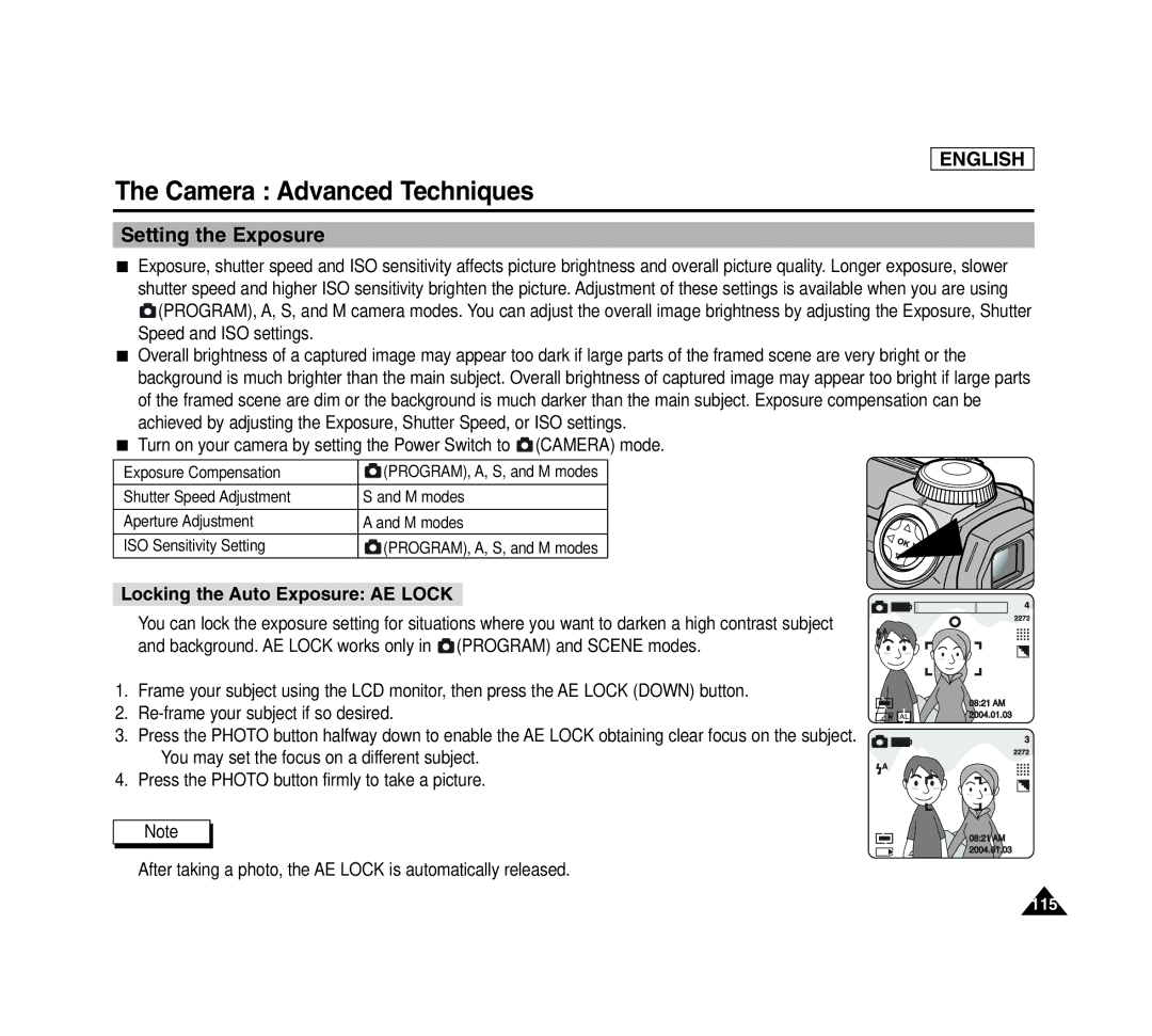 Samsung SCD6040 manual Setting the Exposure, Locking the Auto Exposure AE Lock 