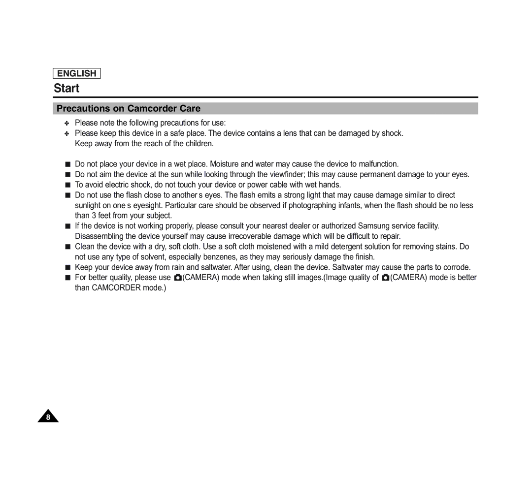 Samsung SCD6040 manual Start, Precautions on Camcorder Care 