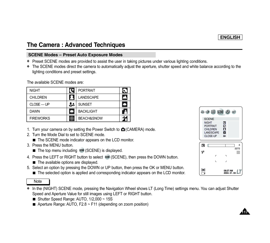 Samsung SCD6040 manual Scene Modes Preset Auto Exposure Modes 