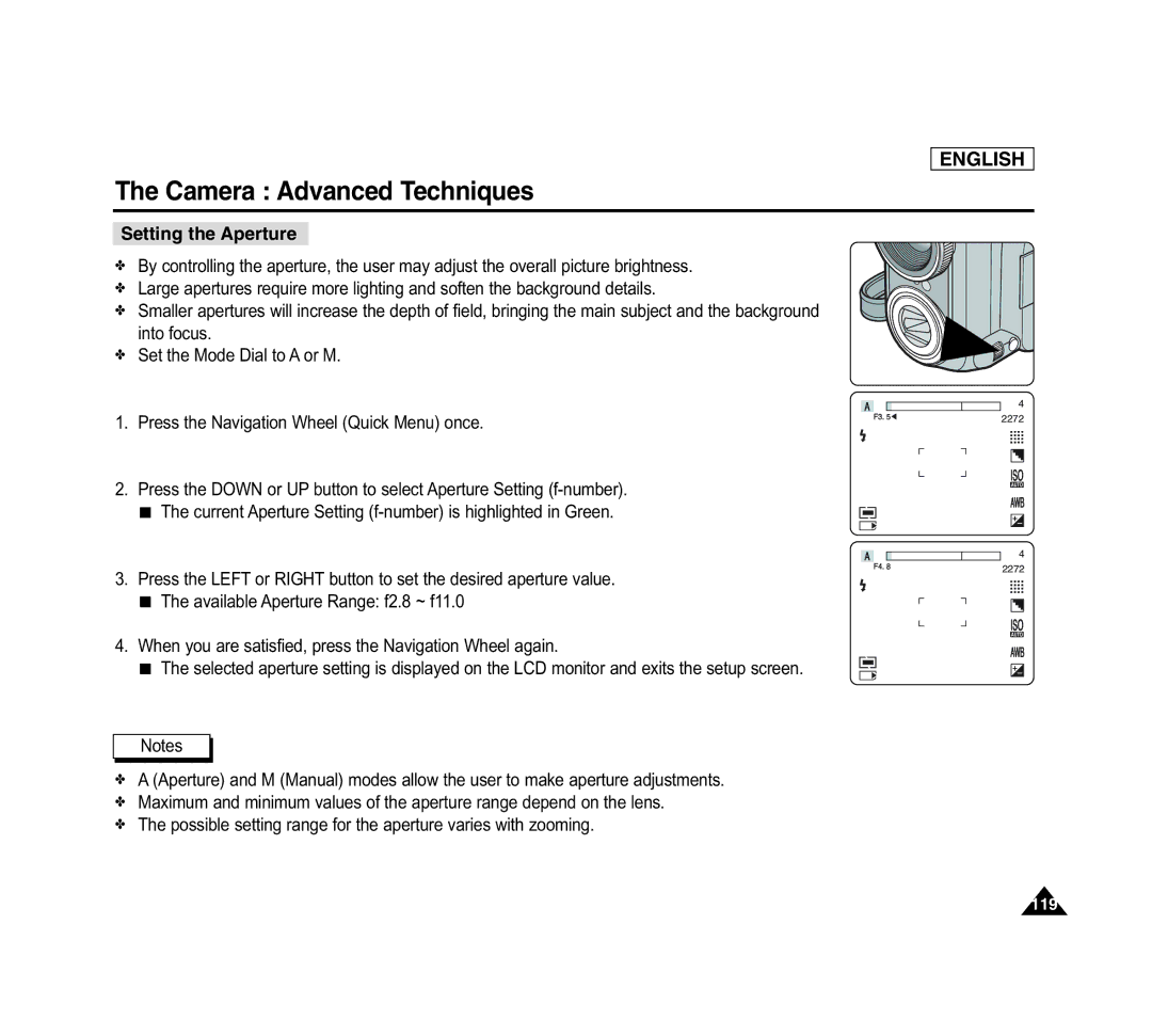 Samsung SCD6040 manual Setting the Aperture 