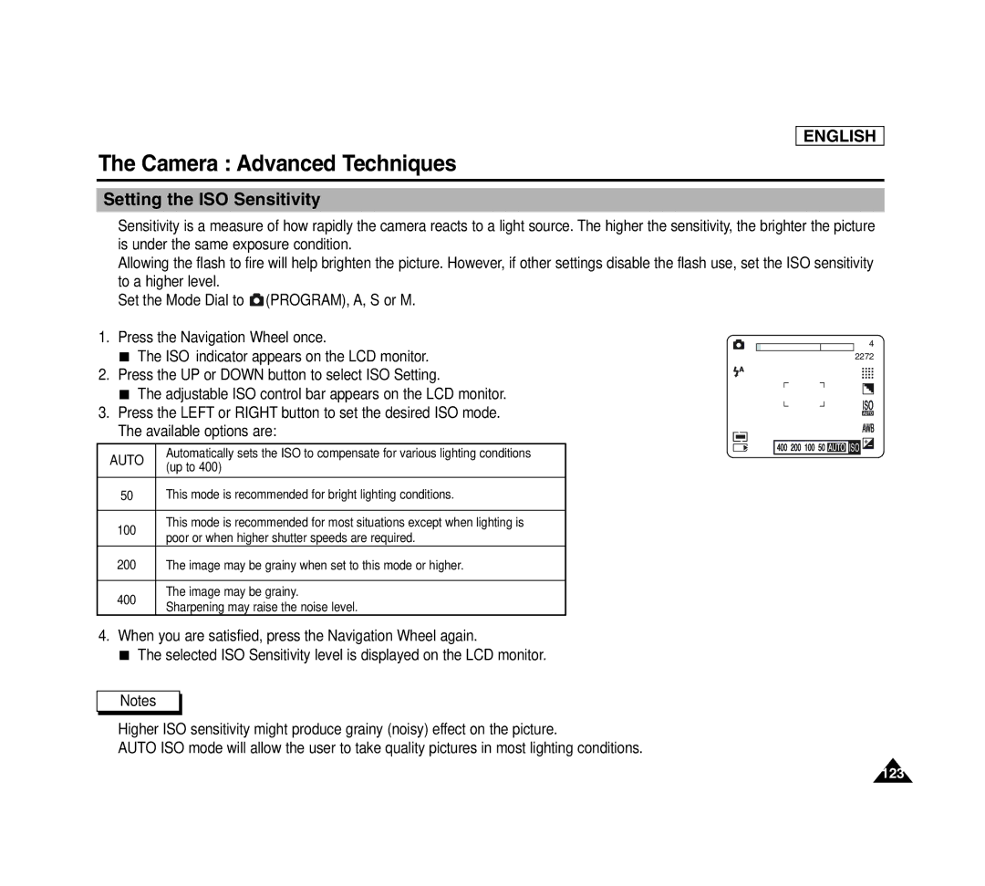 Samsung SCD6040 manual Setting the ISO Sensitivity, Auto 