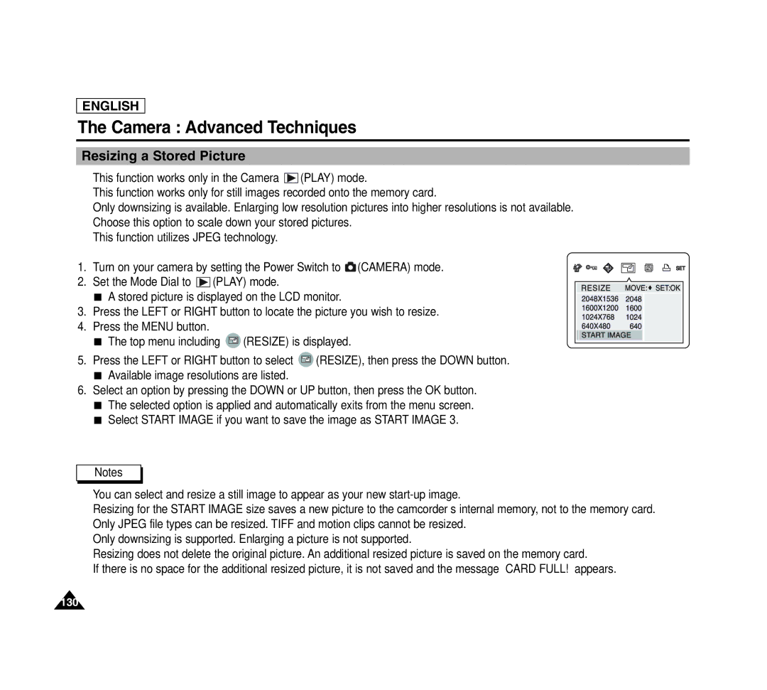 Samsung SCD6040 manual PrecautionsResizing Storedon CamPictureorder Care 