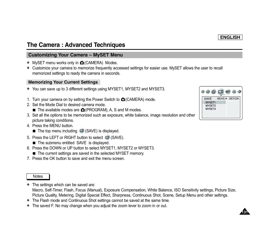 Samsung SCD6040 manual CQustomizingick Start Your Camera MySET Menu, Memorizing Your Current Settings 