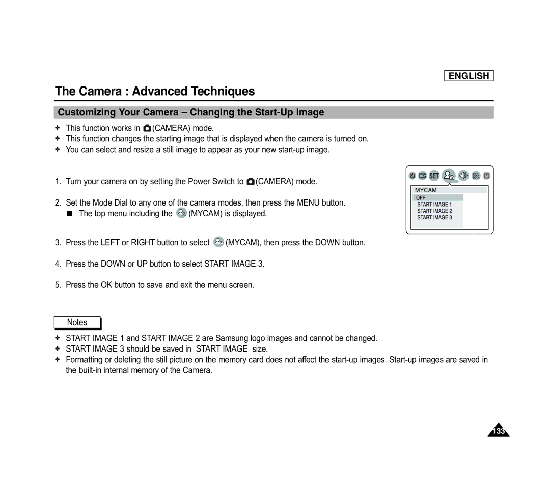 Samsung SCD6040 manual Customizing Your Camera Changing the Start-Up Image 