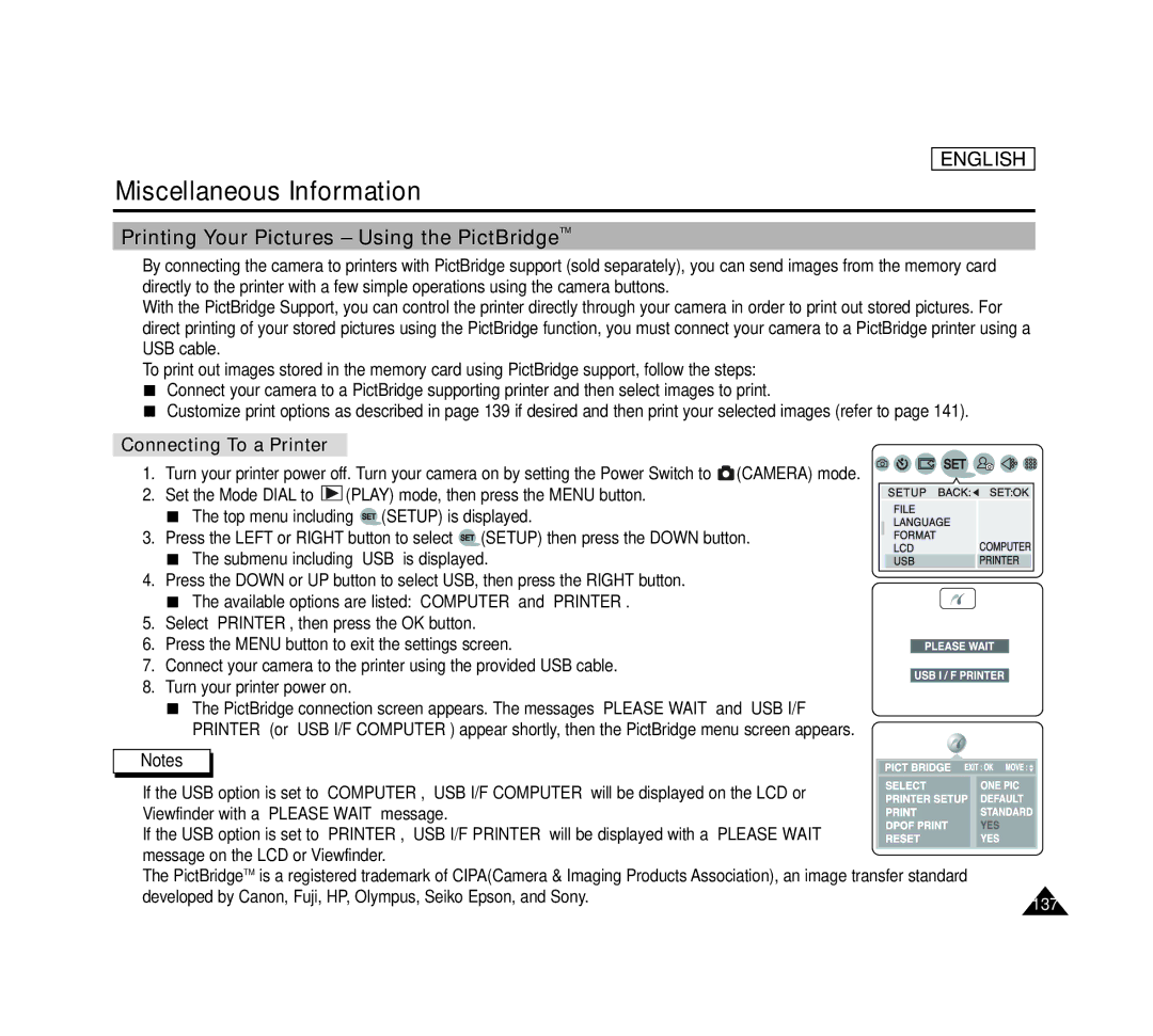 Samsung SCD6040 Miscellaneous Information, QuickPrintingStartYour Pictures Using the PictBridgeTM, Connecting To a Printer 