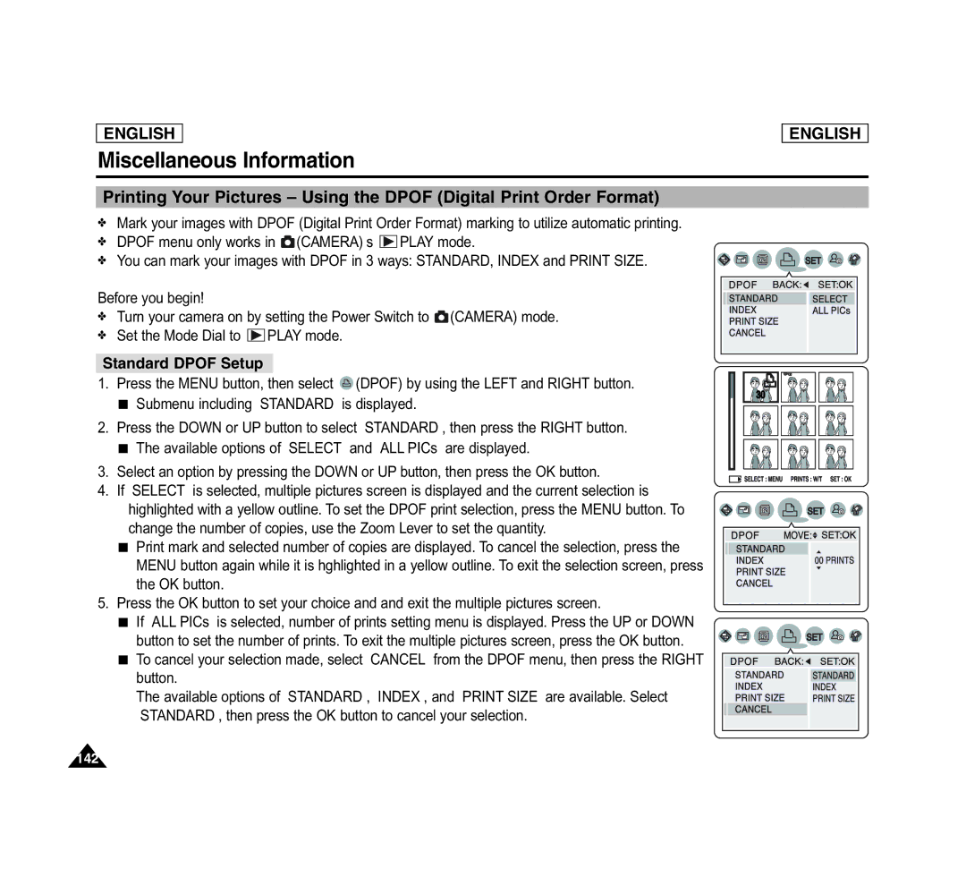 Samsung SCD6040 manual Standard Dpof Setup 