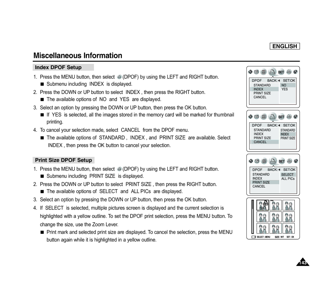 Samsung SCD6040 manual Index Dpof Setup, Print Size Dpof Setup 