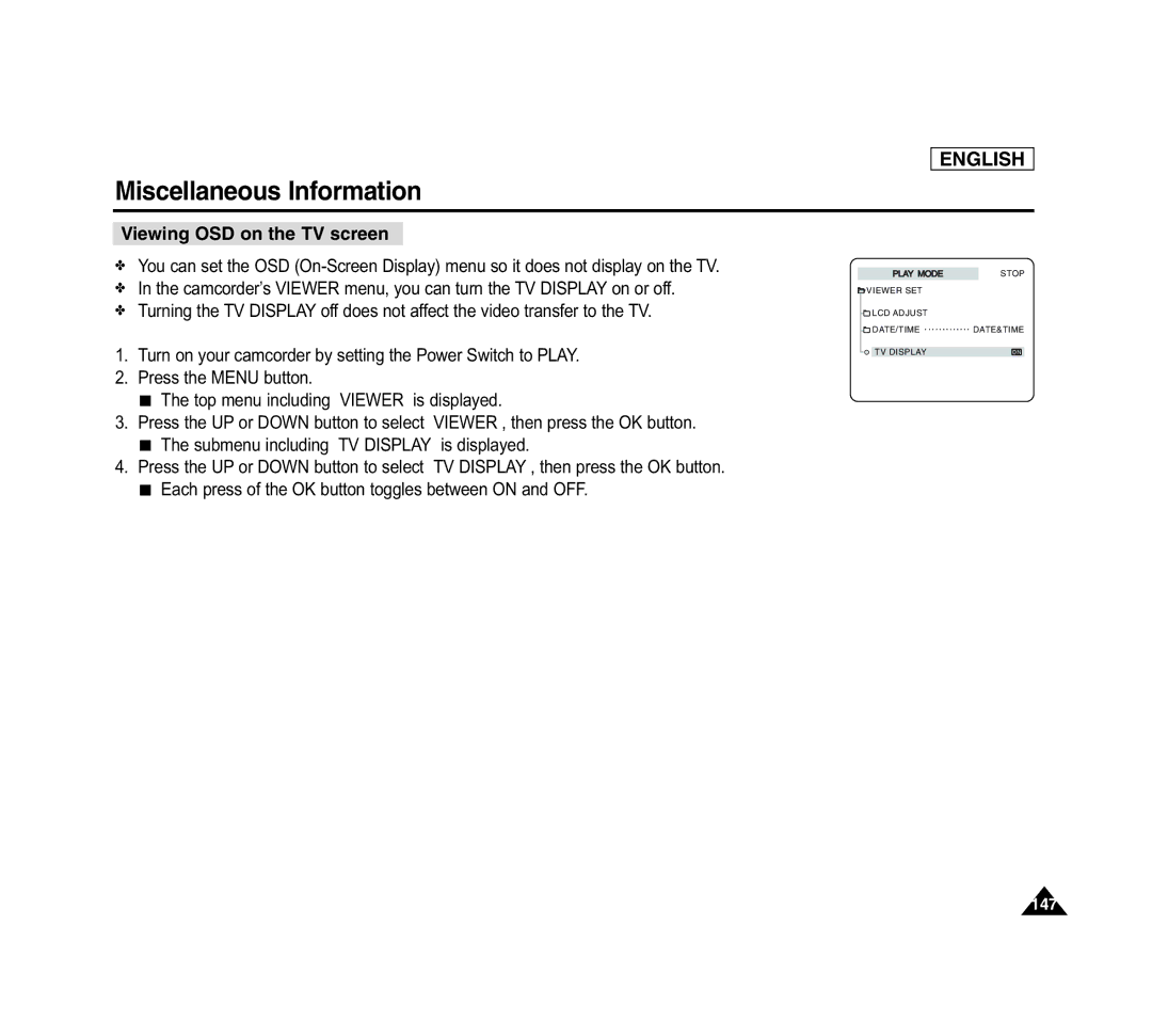 Samsung SCD6040 manual Viewing OSD on the TV screen 