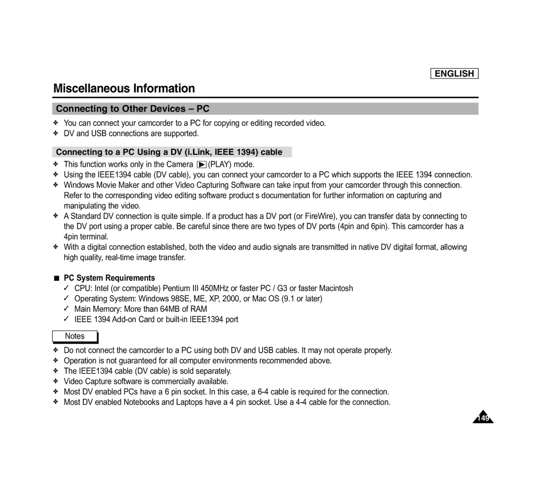 Samsung SCD6040 manual ConnectingQuick S art to Other Devices PC, Connecting to a PC Using a DV i.Link, Ieee 1394 cable 