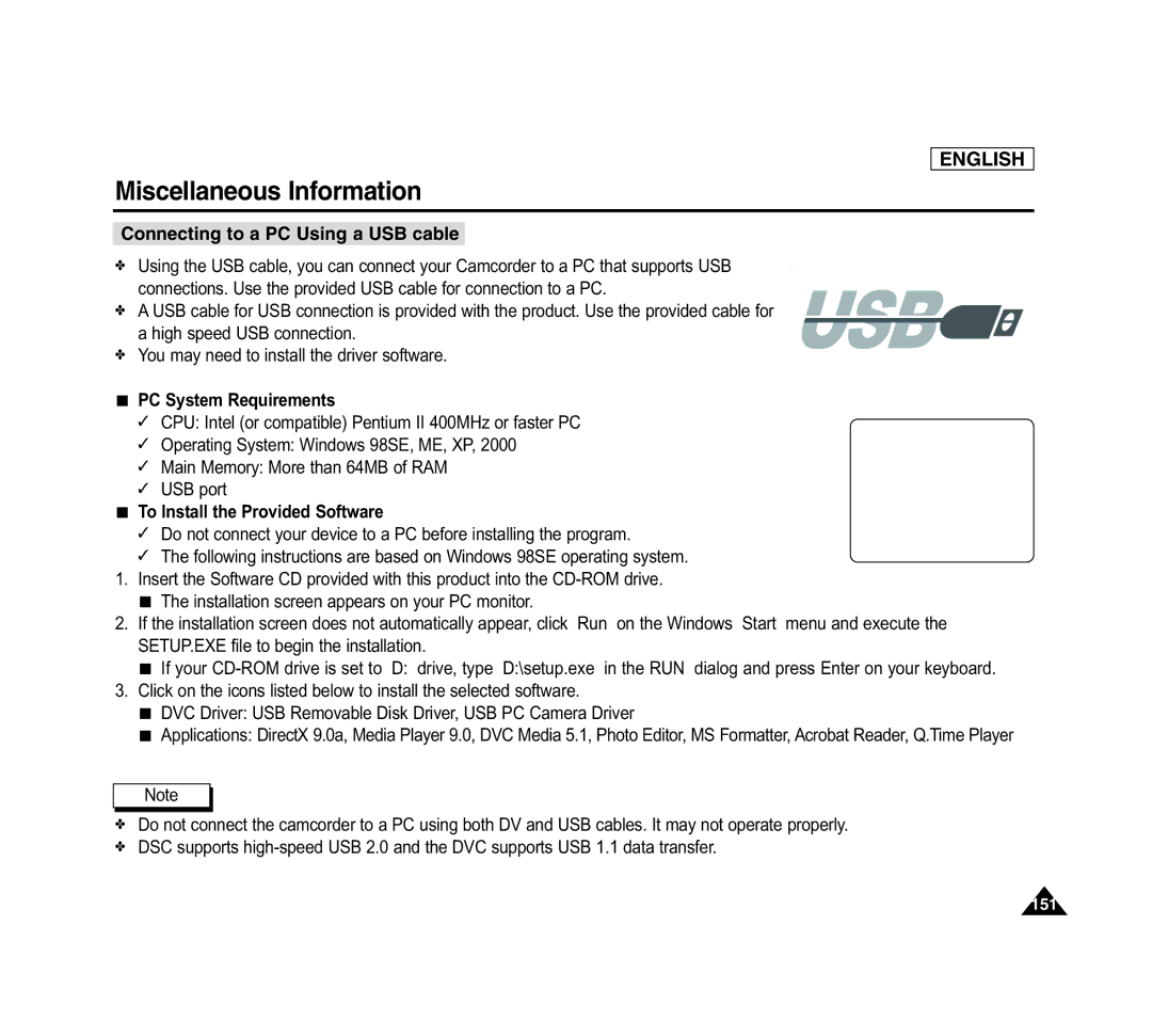 Samsung SCD6040 manual Connecting to a PC Using a USB cable, To Install the Provided Software 