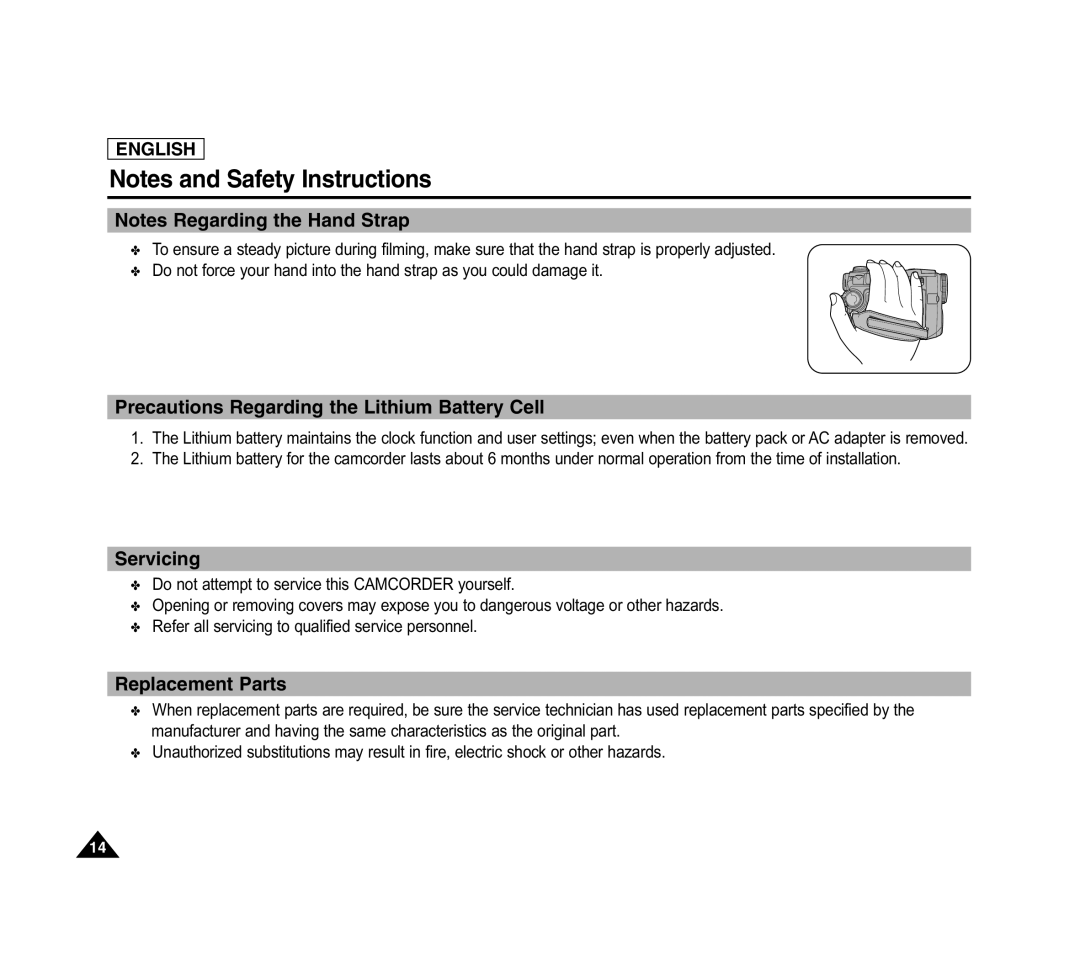 Samsung SCD6040 manual Precautions Regarding the Lithium Battery Cell, Servicing, Replacement Parts 