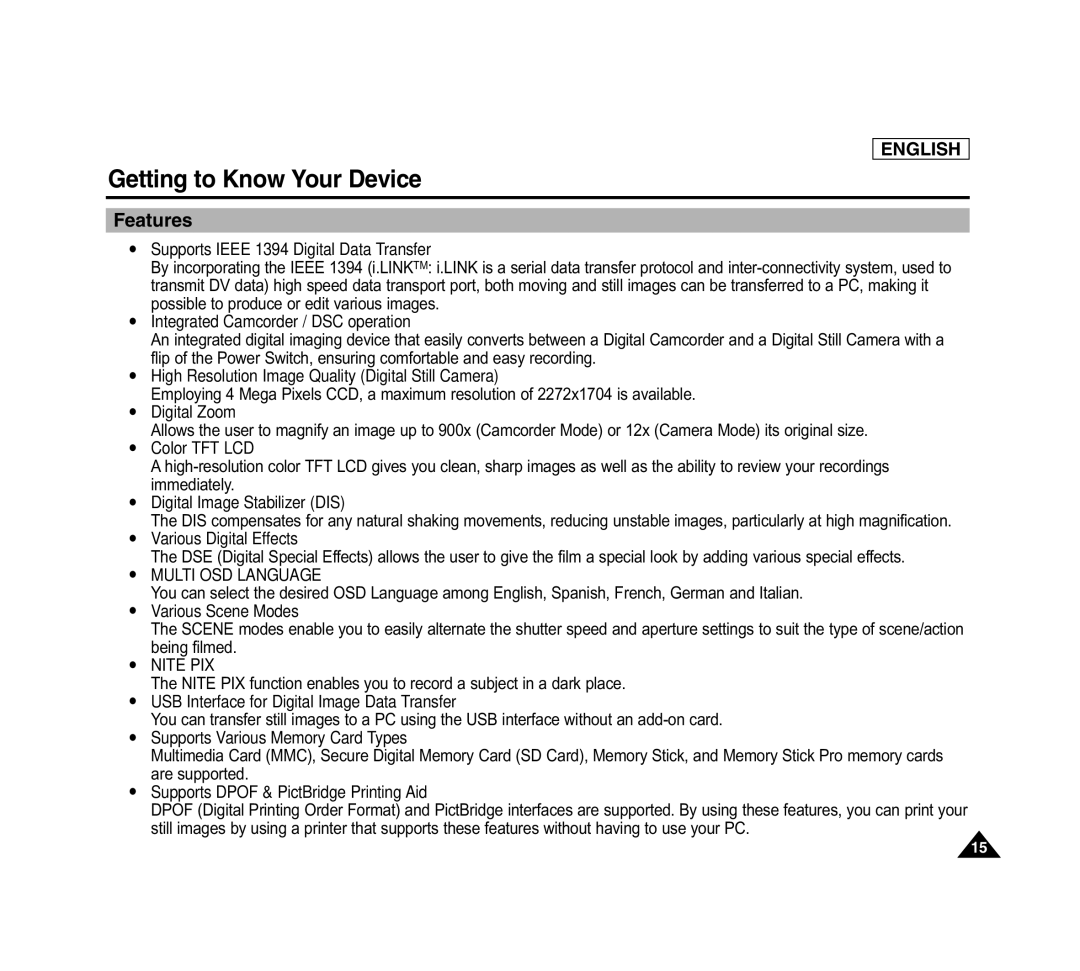 Samsung SCD6040 manual Getting to Know Your Device, Features 