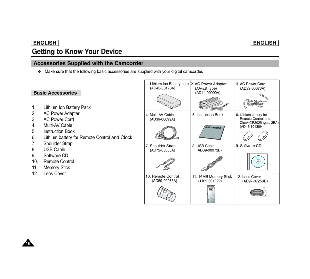 Samsung SCD6040 manual Accessories Supplied with the Camcorder, Basic Accessories 