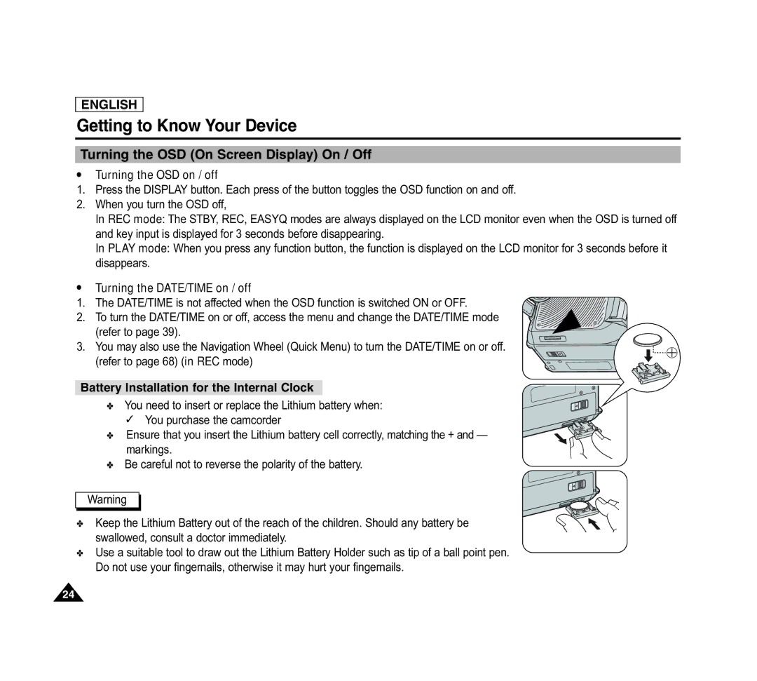 Samsung SCD6040 manual Turning the OSD On Screen Display On / Off, Turning the OSD on / off, Turning the DATE/TIME on / off 