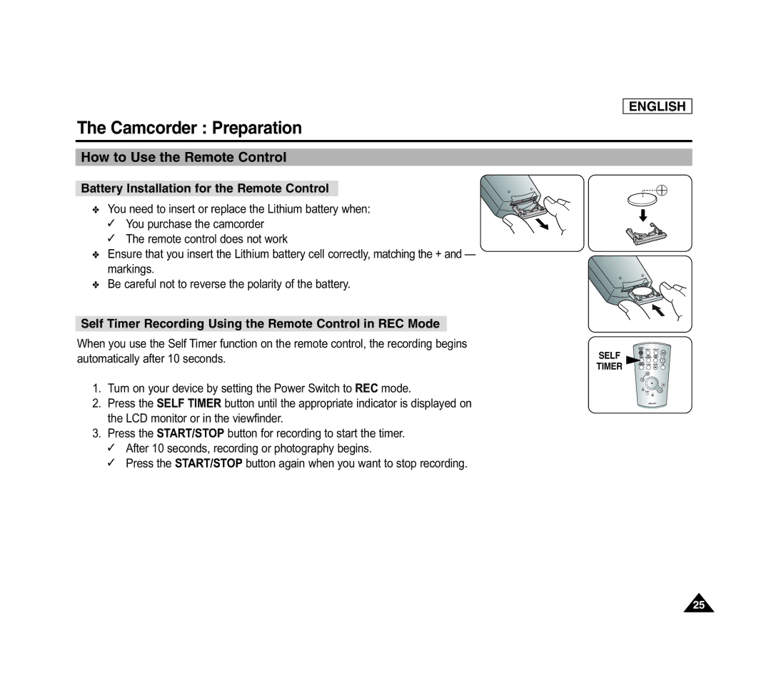 Samsung SCD6040 manual Camcorder Preparation, How to Use the Remote Control, Battery Installation for the Remote Control 