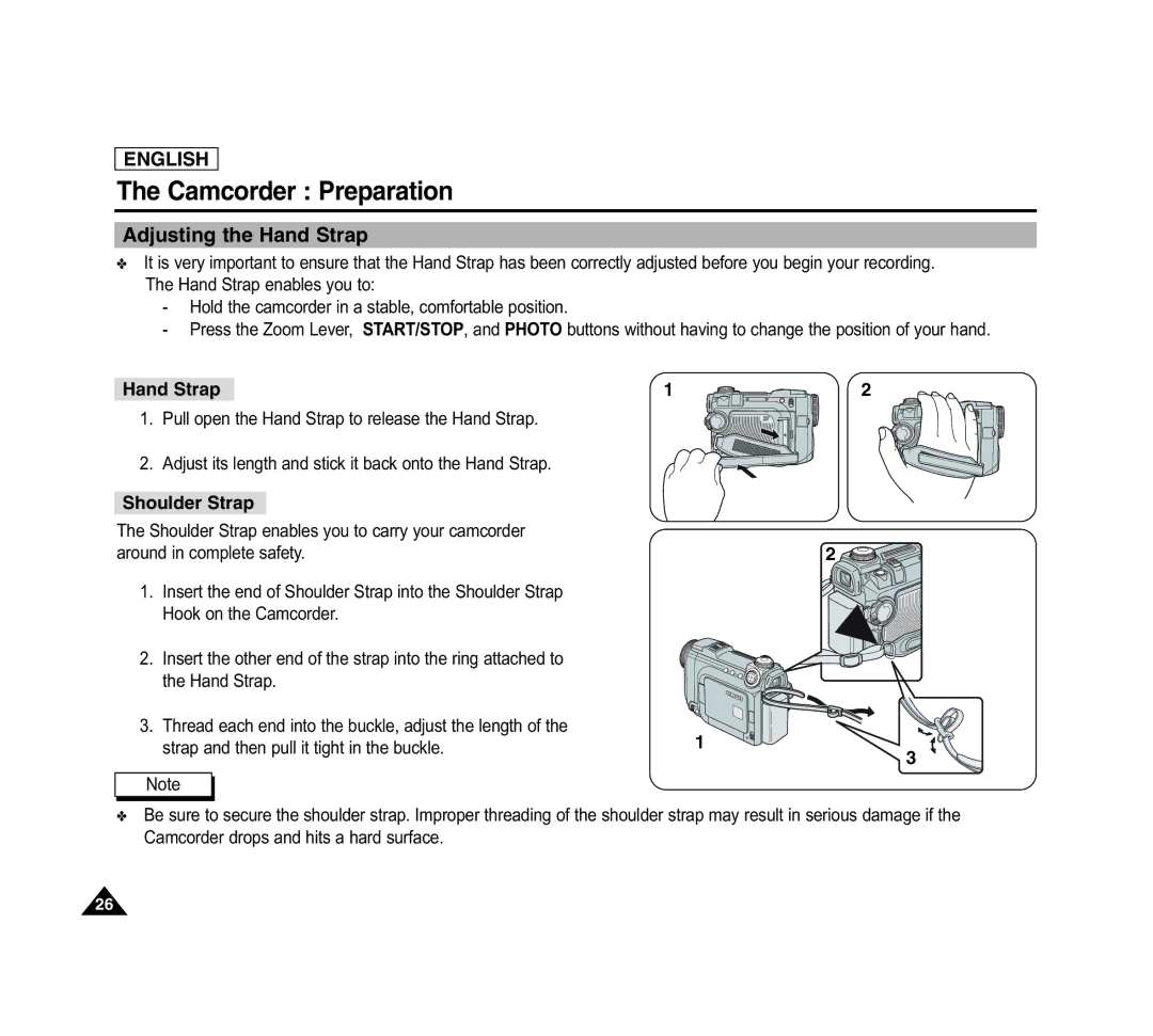 Samsung SCD6040 manual Adjusting the Hand Strap, Shoulder Strap 