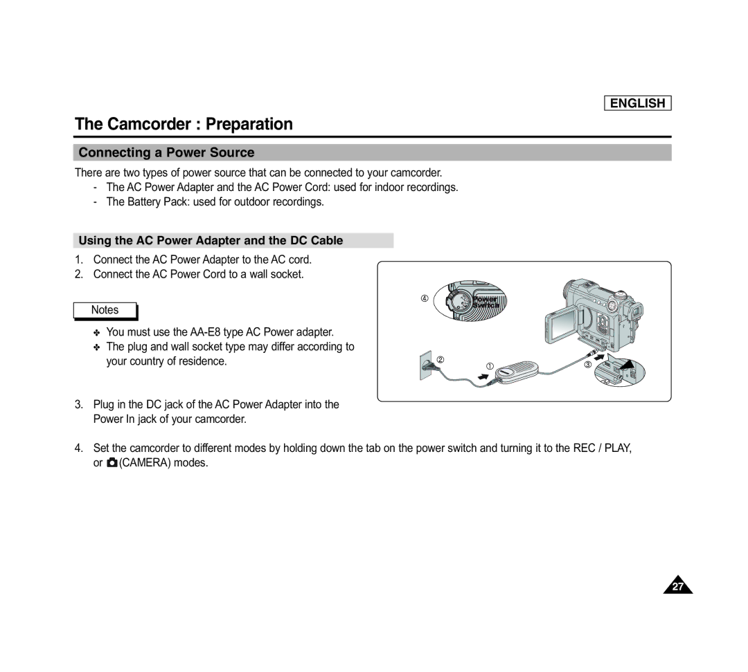 Samsung SCD6040 manual Connecting a Power Source, Using the AC Power Adapter and the DC Cable 