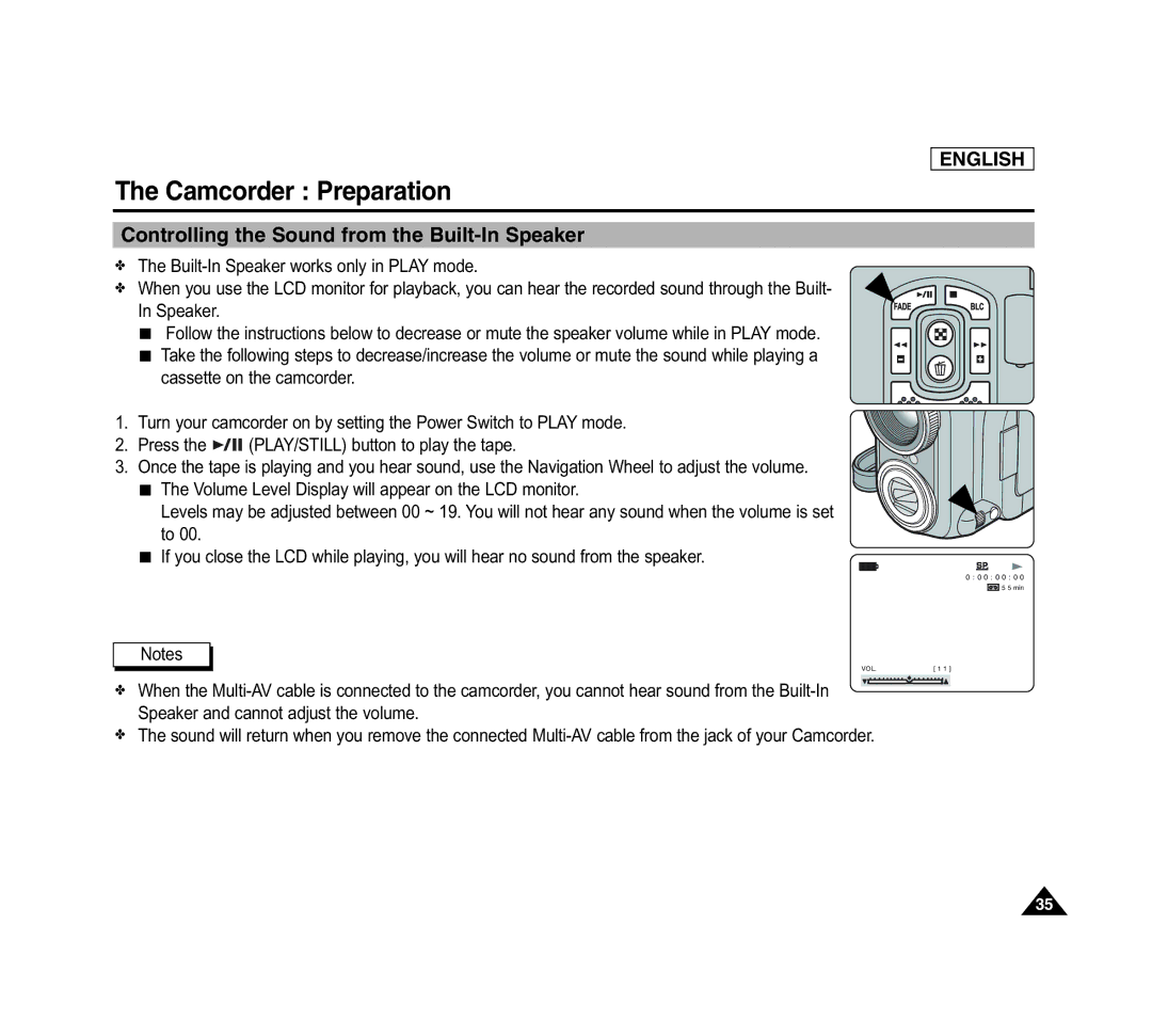 Samsung SCD6040 manual Controlling the Sound from the Built-In Speaker, Built-In Speaker works only in Play mode 