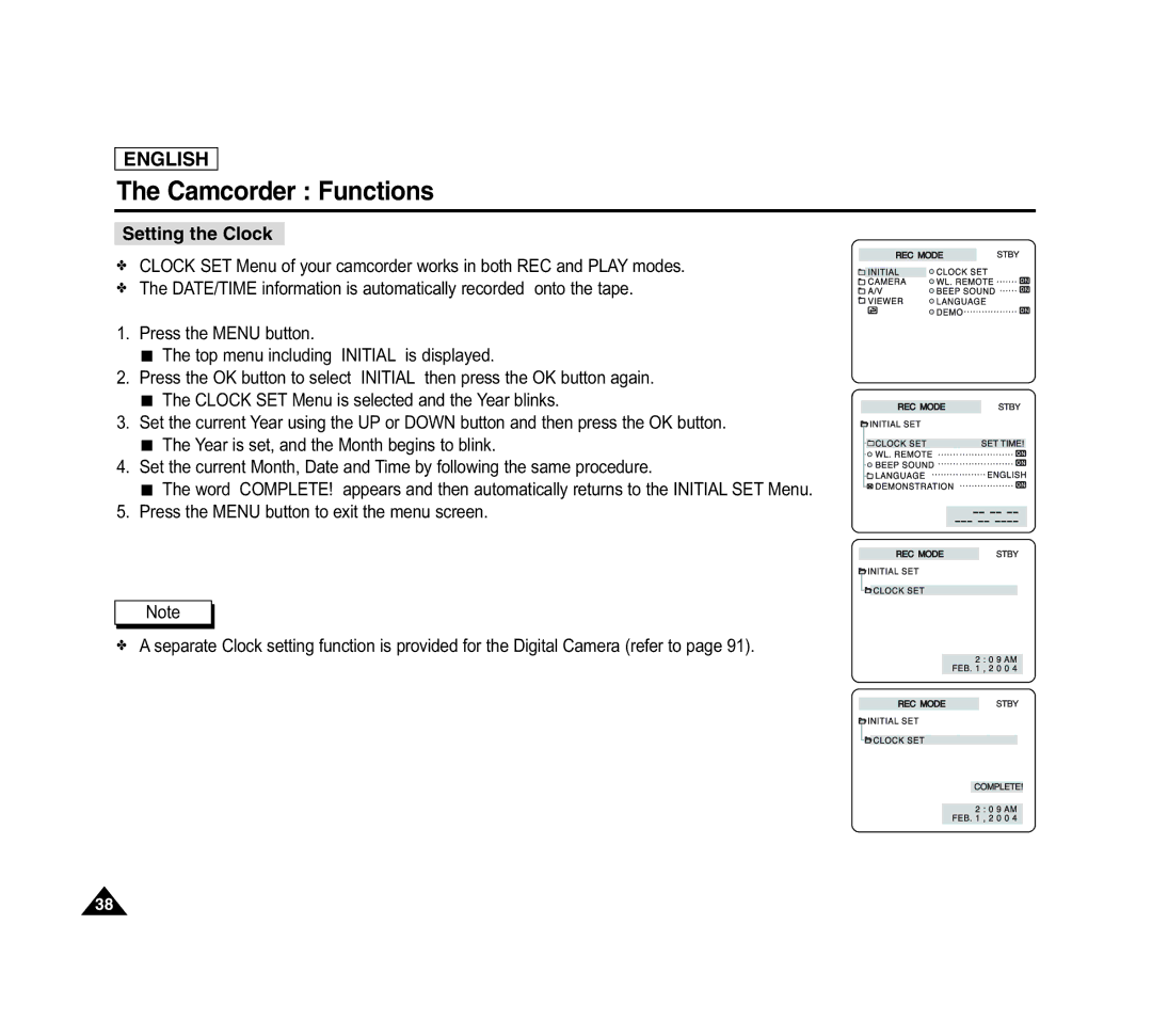 Samsung SCD6040 manual Camcorder Functions, Setting the Clock 