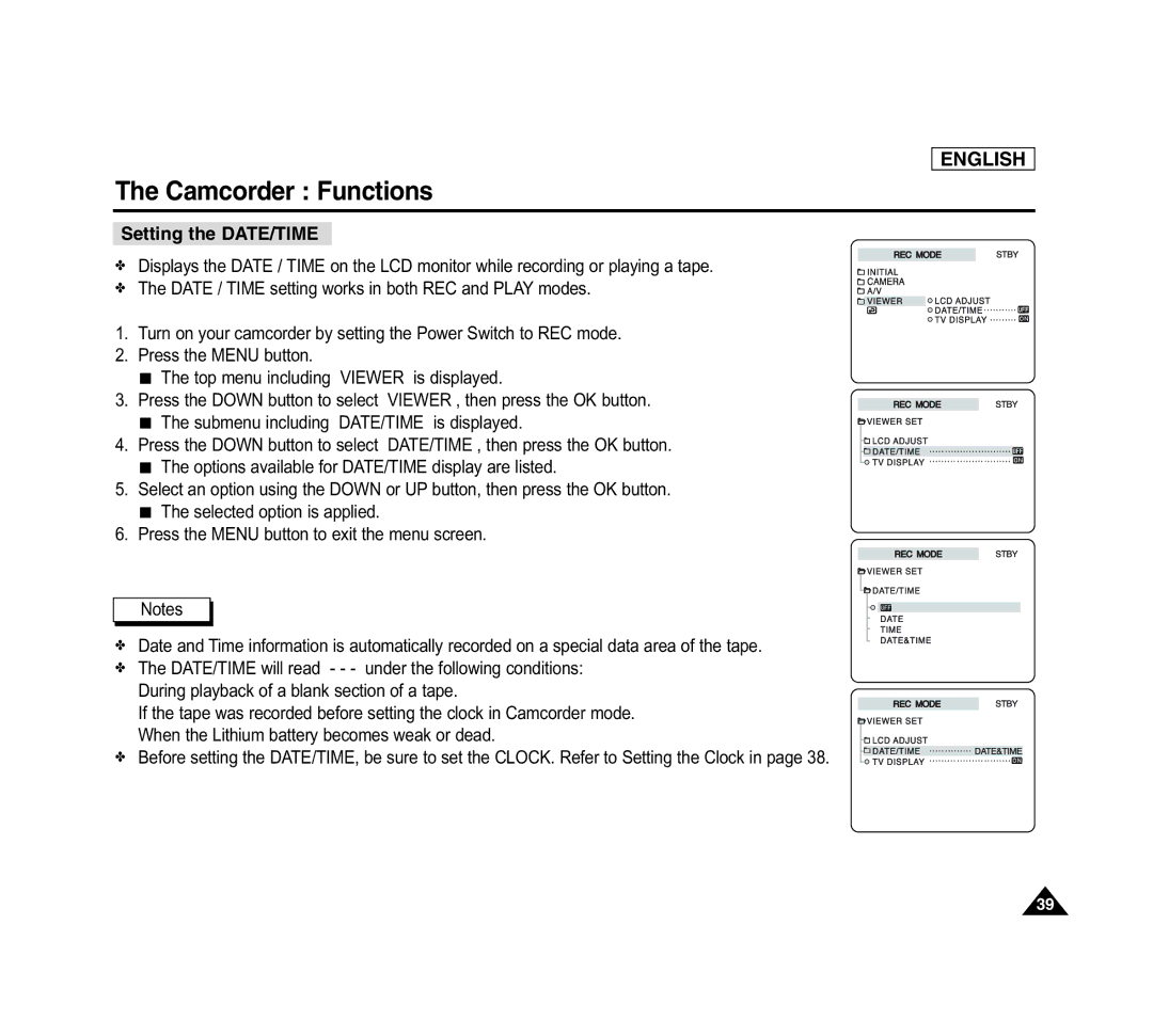 Samsung SCD6040 manual Setting the DATE/TIME 