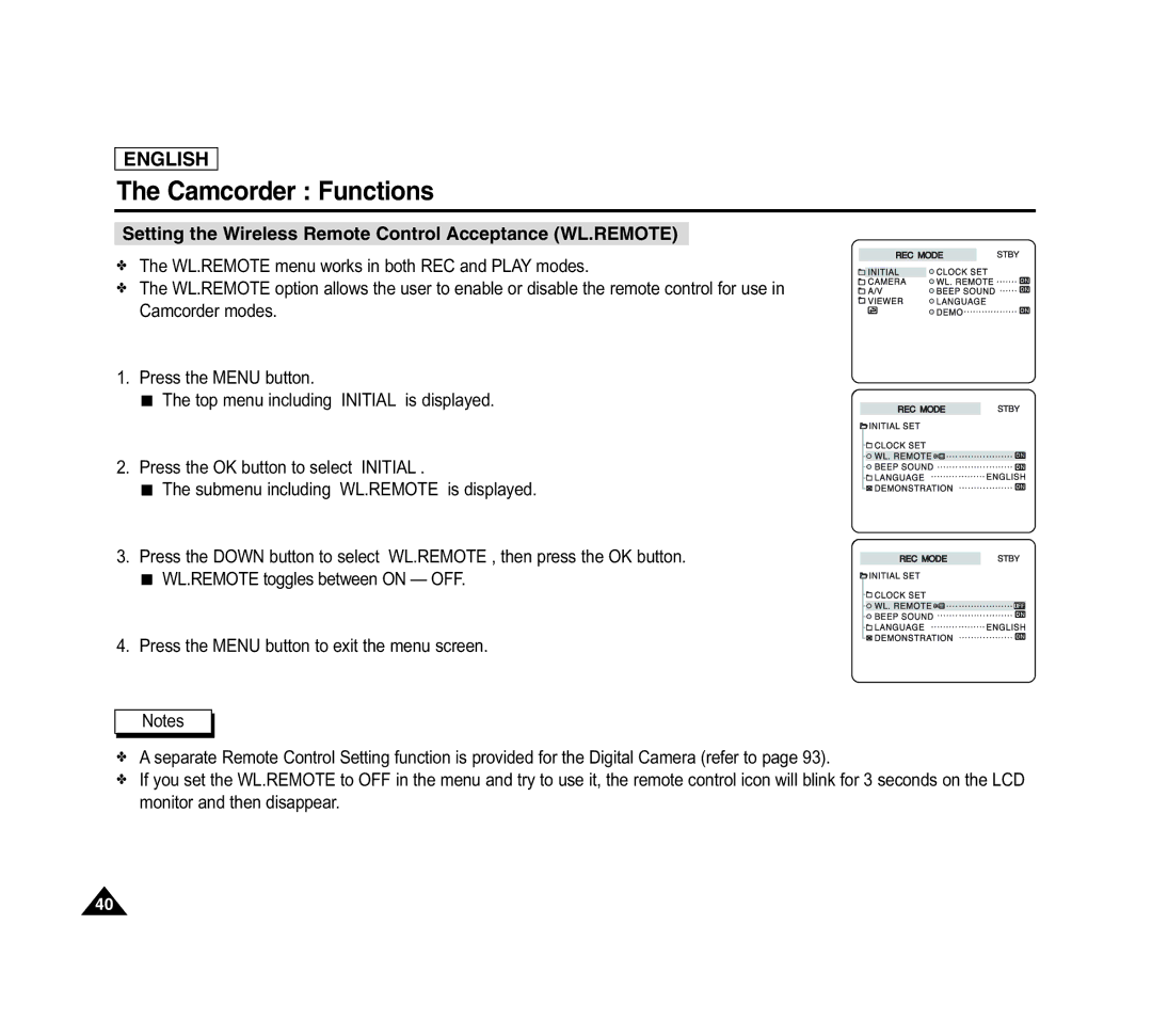 Samsung SCD6040 manual Setting the Wireless Remote Control Acceptance WL.REMOTE 