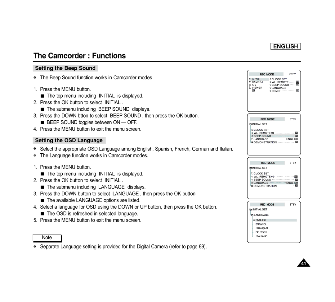 Samsung SCD6040 manual Setting the Beep Sound, Setting the OSD Language 