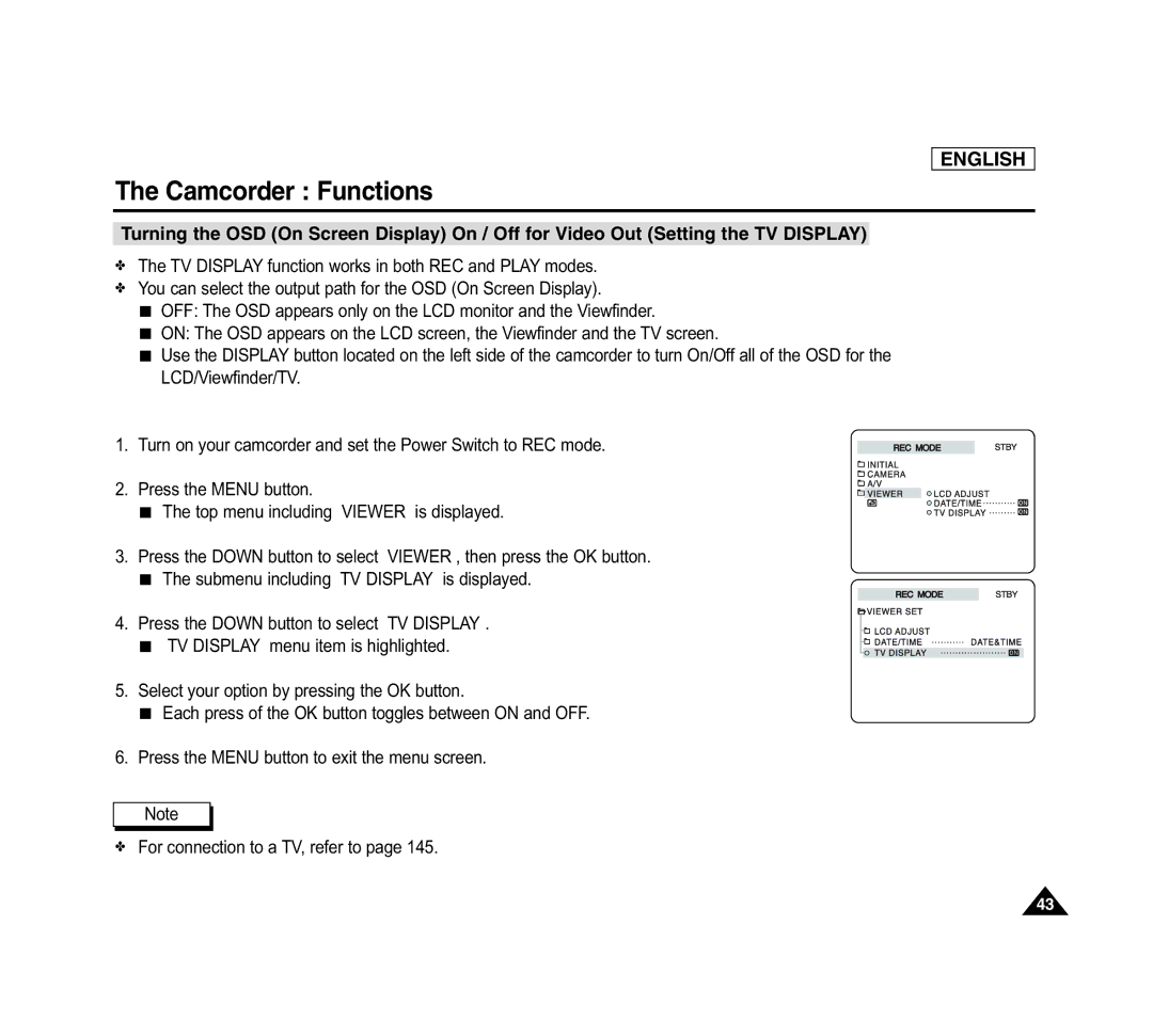 Samsung SCD6040 manual Camcorder Functions 