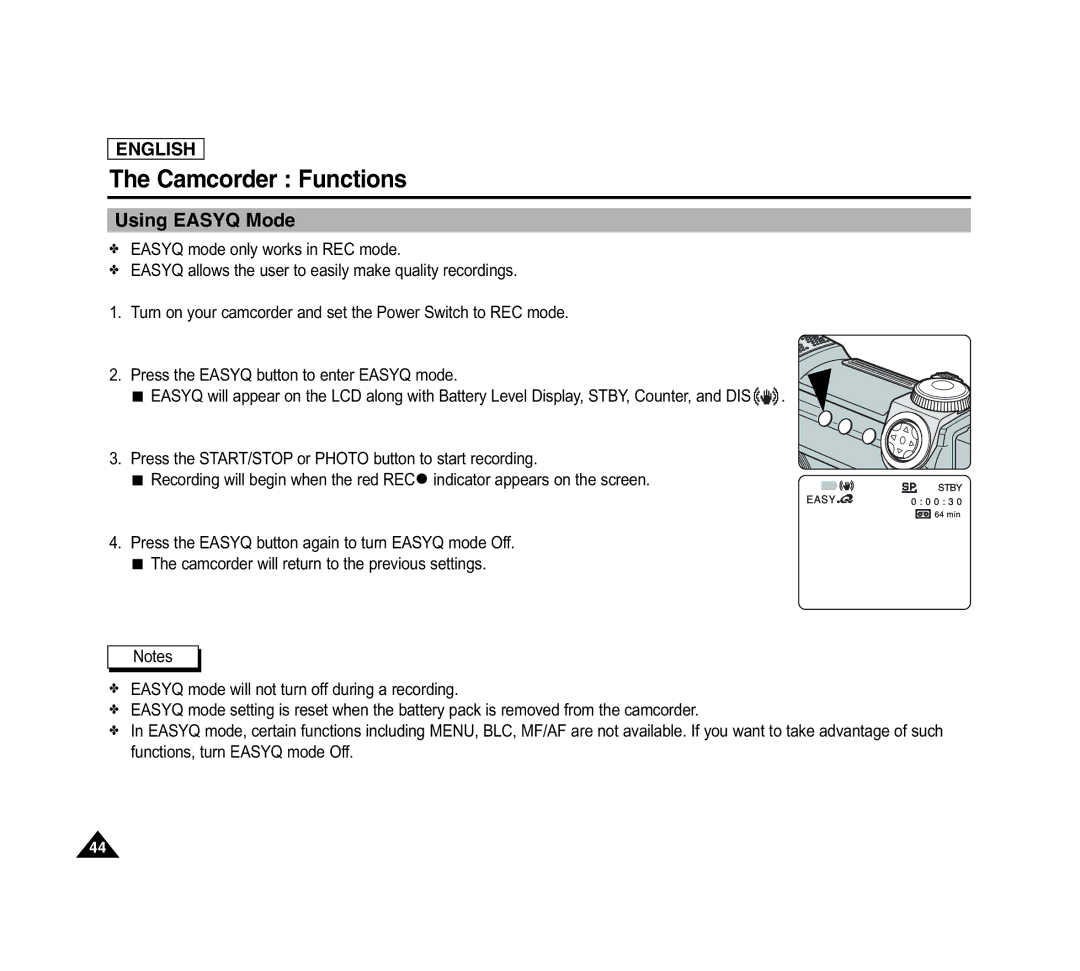 Samsung SCD6040 manual Using Easyq Mode 