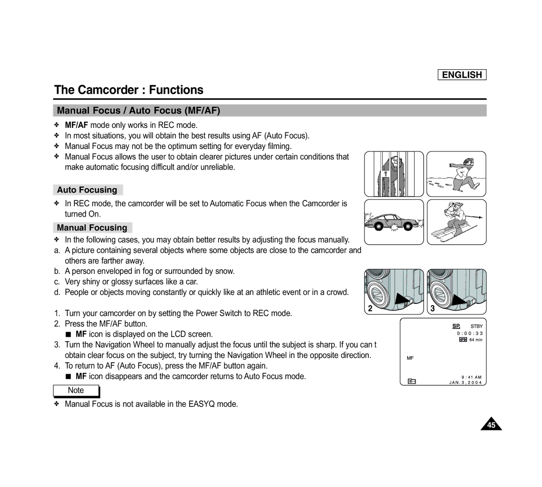 Samsung SCD6040 manual Manual Focus / Auto Focus MF/AF, Auto Focusing, Manual Focusing 