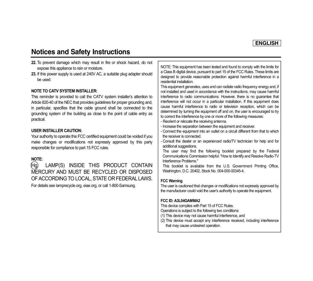 Samsung SCD6040 manual User Installer Caution 