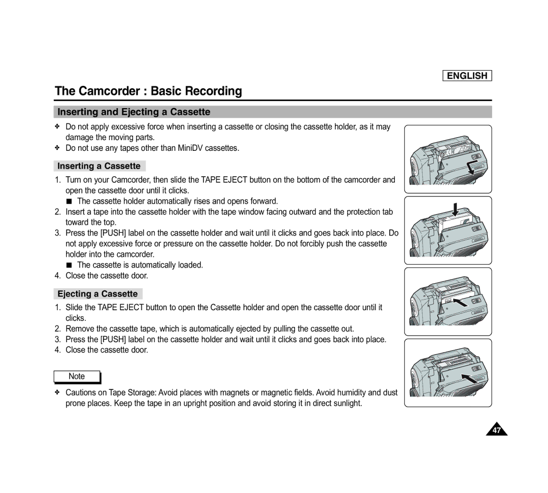 Samsung SCD6040 manual Camcorder Basic Recording, Inserting and Ejecting a Cassette, Inserting a Cassette 