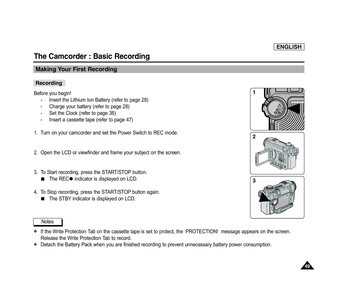 Samsung SCD6040 manual Making Your First Recording, Recording Before you begin 