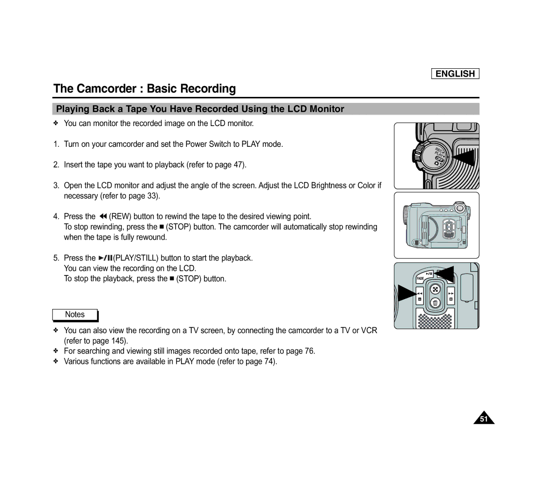 Samsung SCD6040 manual Playing Back a Tape You Have Recorded Using the LCD Monitor 