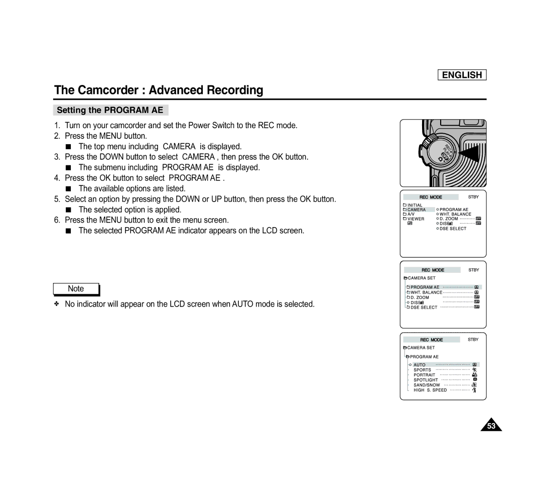 Samsung SCD6040 manual Setting the Program AE 