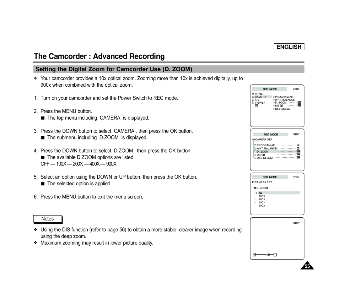 Samsung SCD6040 manual Setting the Digital Zoom for Camcorder Use D. Zoom 