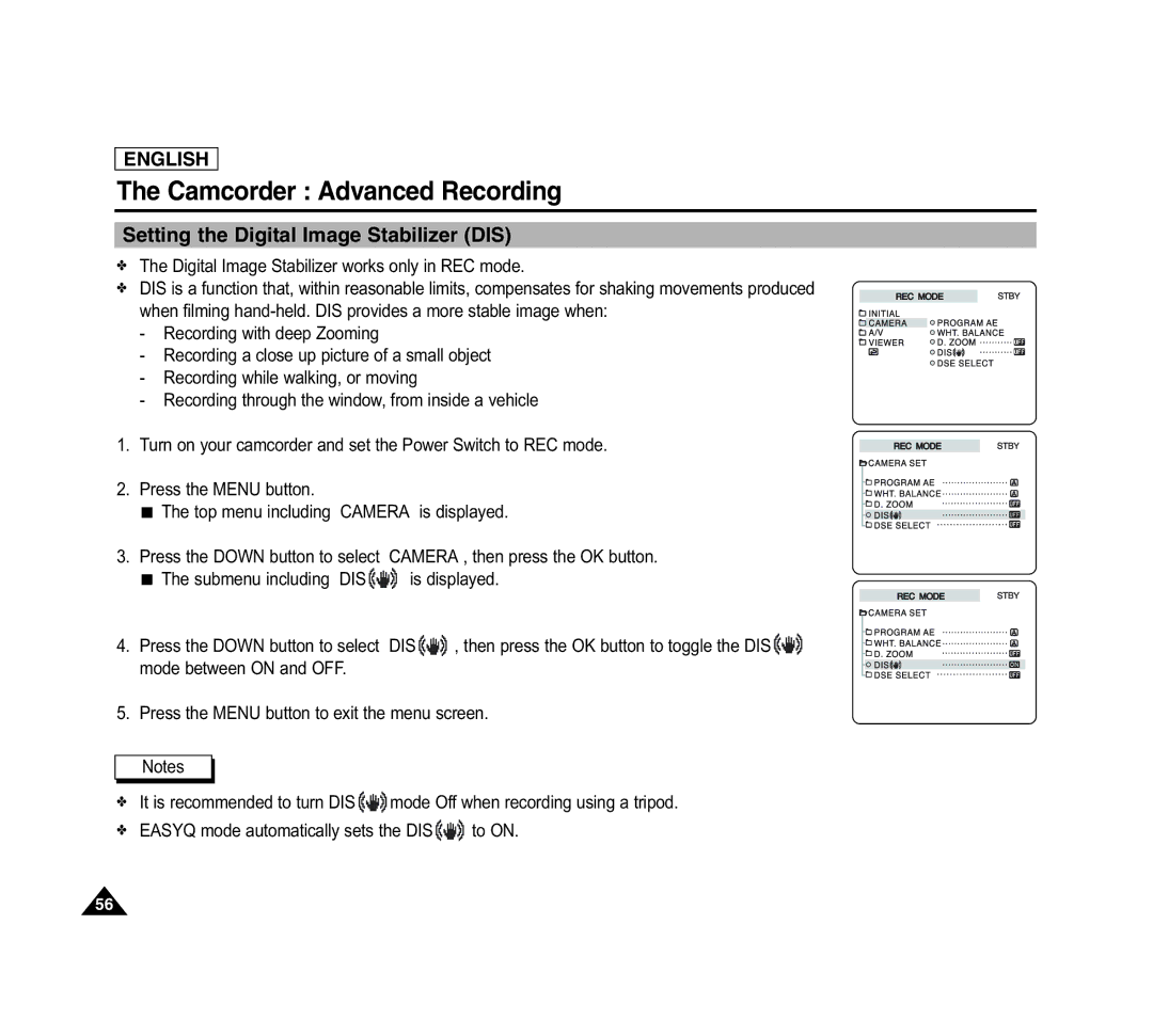 Samsung SCD6040 manual Setting the Digital Image Stabilizer DIS, Digital Image Stabilizer works only in REC mode 