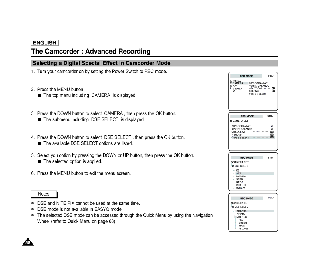 Samsung SCD6040 manual Selecting a Digital Special Effect in Camcorder Mode 