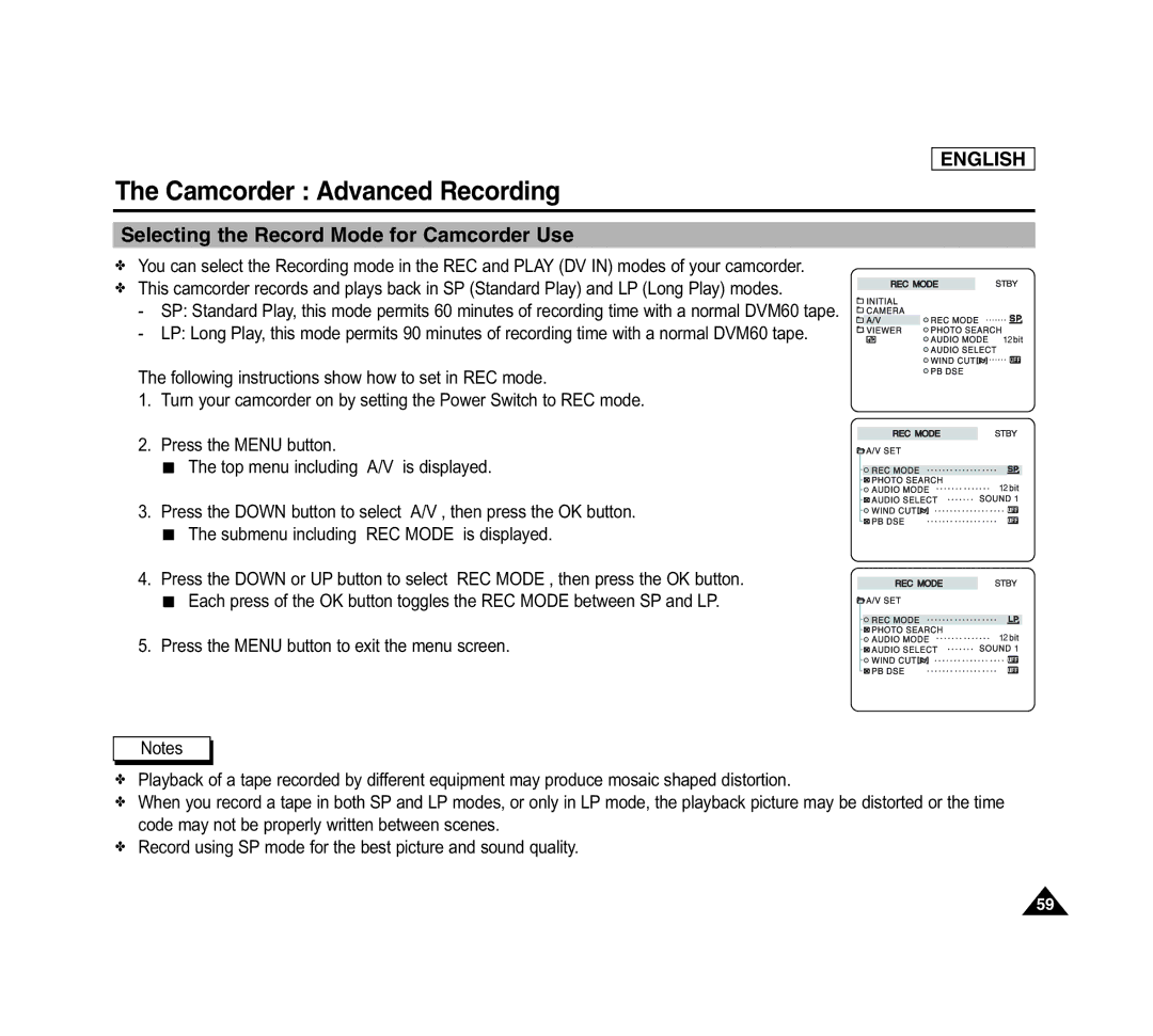 Samsung SCD6040 manual Selecting the Record Mode for Camcorder Use 