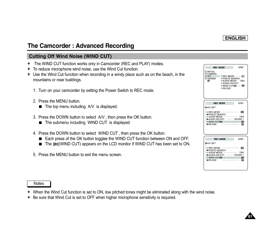 Samsung SCD6040 manual Cutting Off Wind Noise Wind CUT 