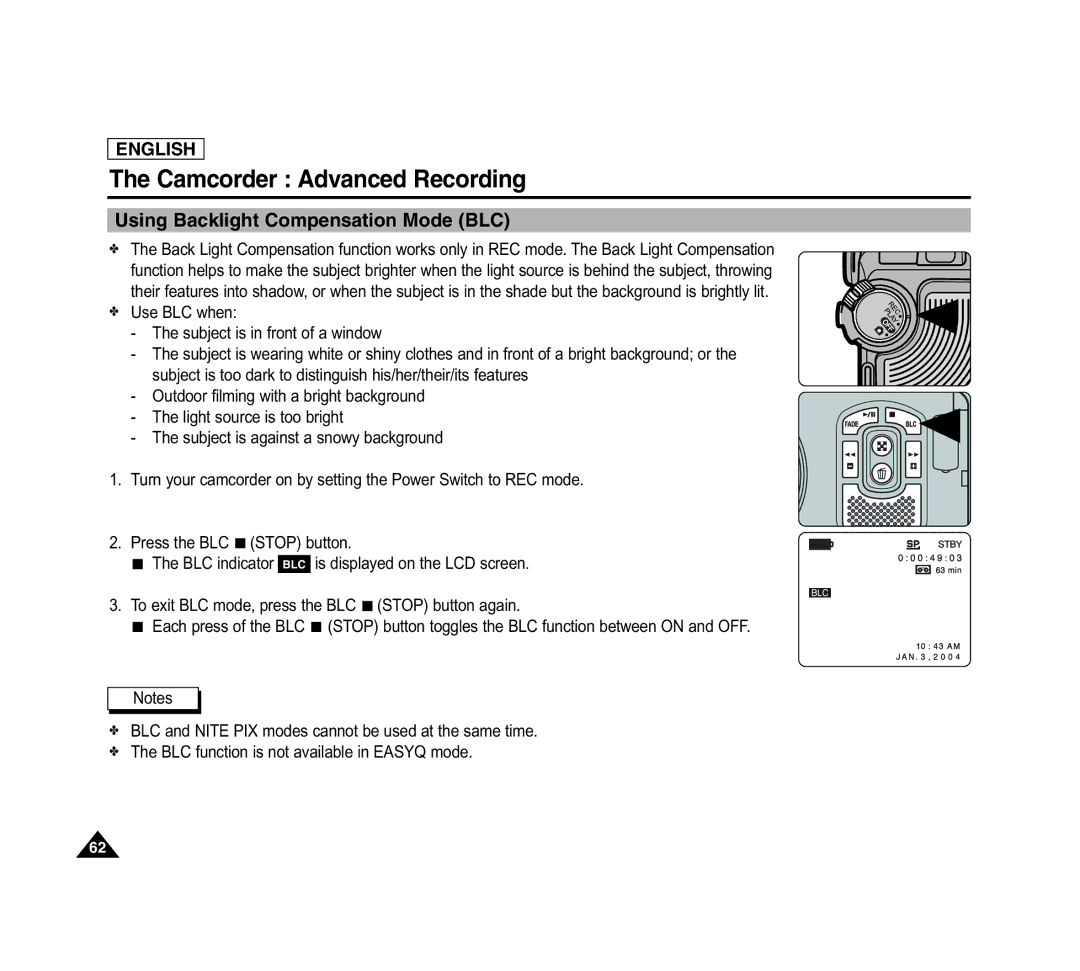 Samsung SCD6040 manual Using Backlight Compensation Mode BLC 