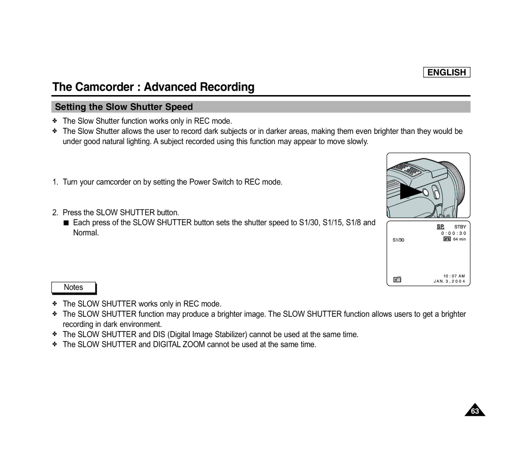 Samsung SCD6040 manual Setting the Slow Shutter Speed, Slow Shutter function works only in REC mode 