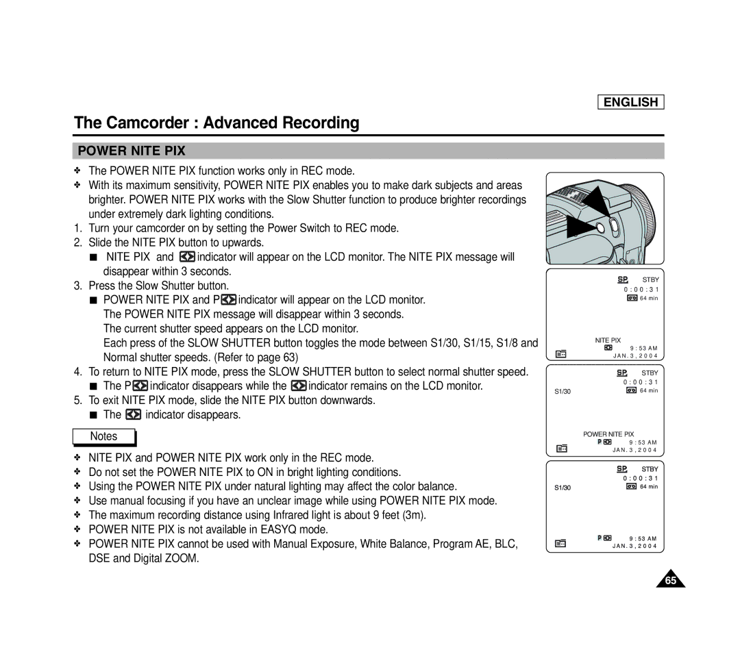 Samsung SCD6040 manual Power Nite PIX 