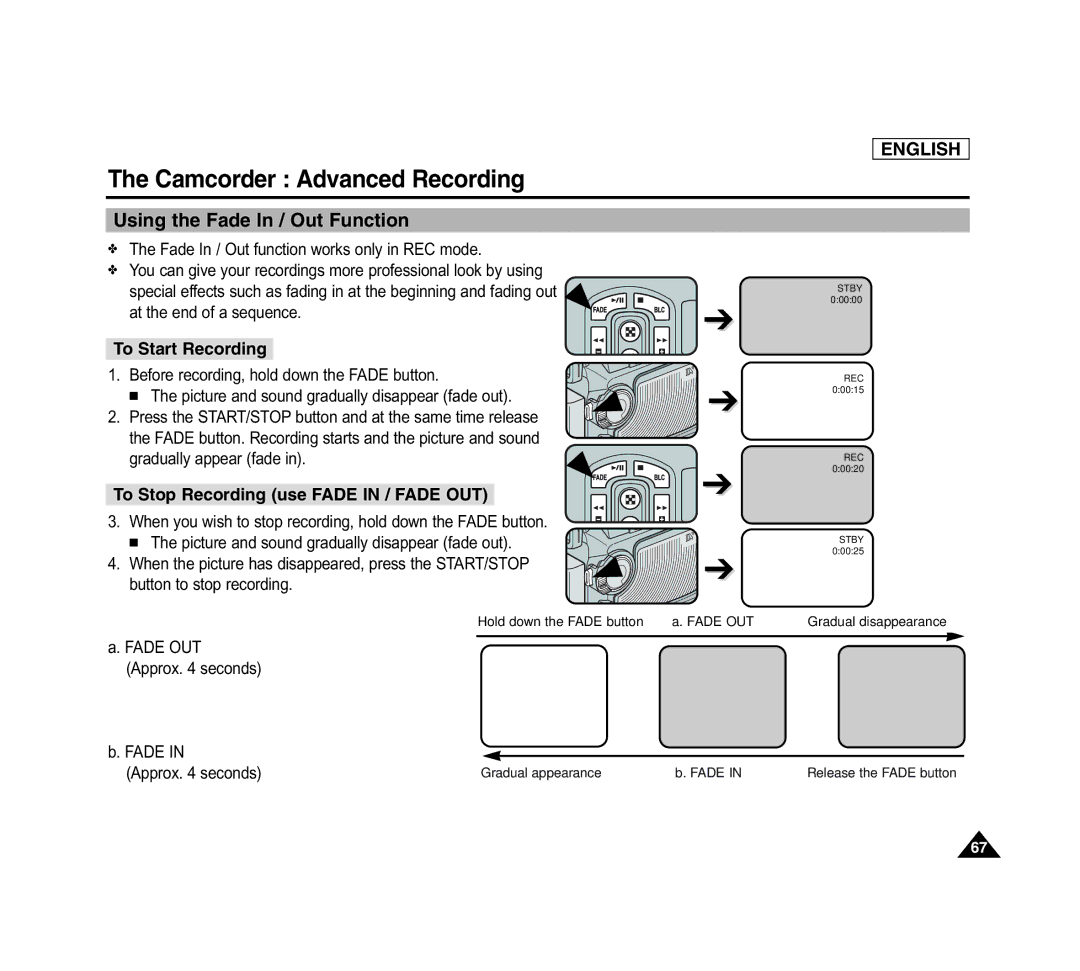 Samsung SCD6040 manual Using the Fade In / Out Function, To Start Recording, To Stop Recording use Fade in / Fade OUT 