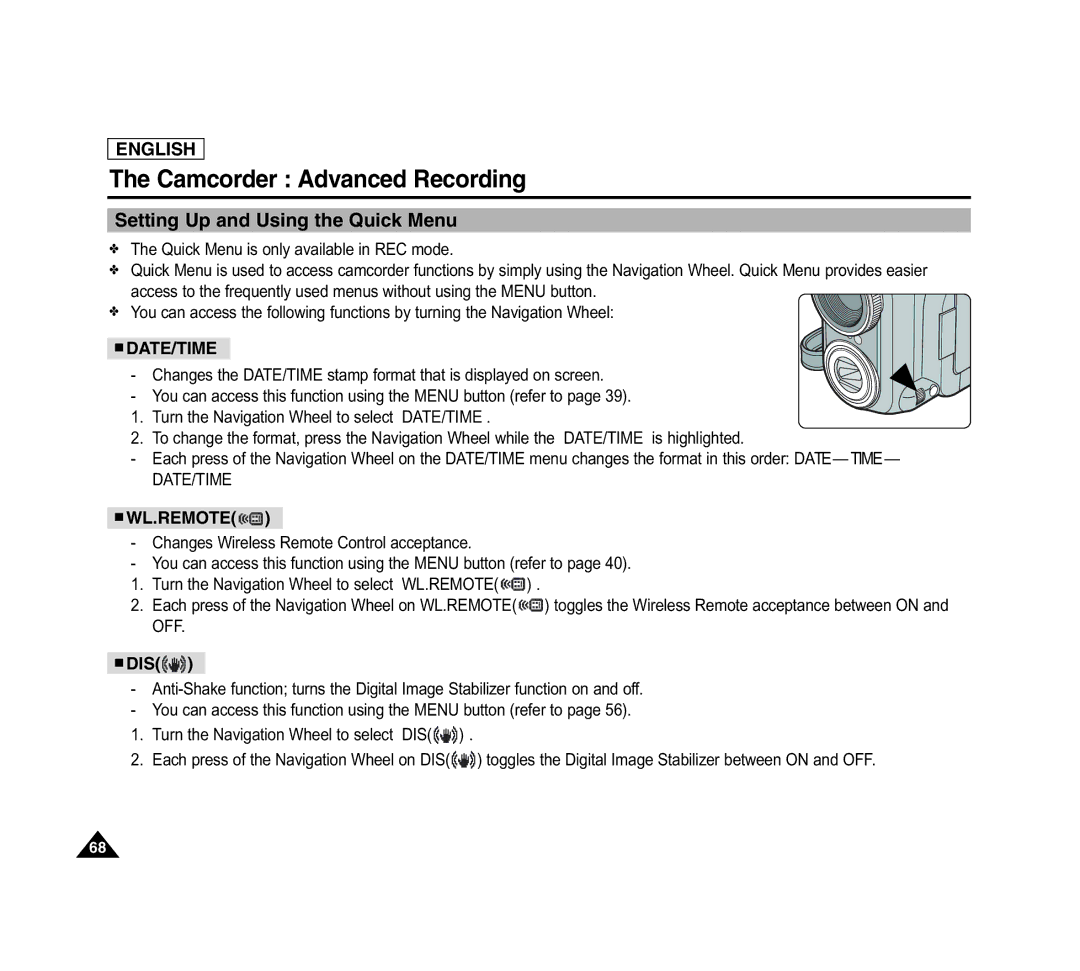 Samsung SCD6040 manual Setting Up and Using the Quick Menu, Dis 