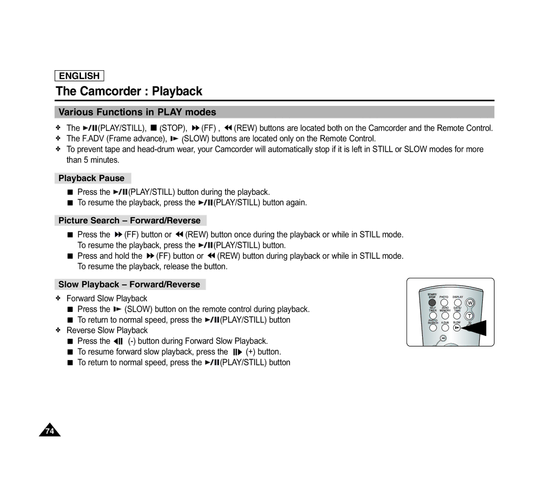 Samsung SCD6040 manual Various Functions in Play modes, Playback Pause, Picture Search Forward/Reverse 