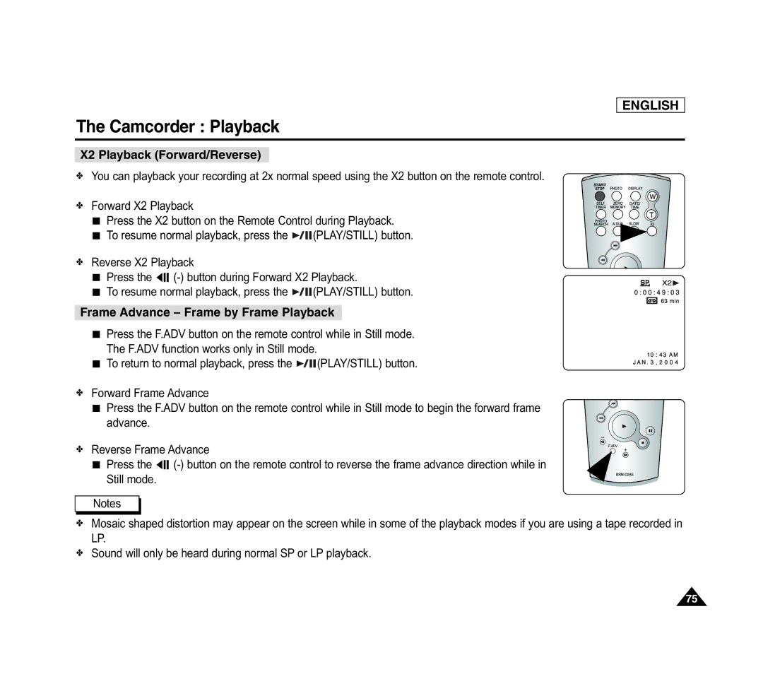 Samsung SCD6040 manual X2 Playback Forward/Reverse, Frame Advance Frame by Frame Playback 