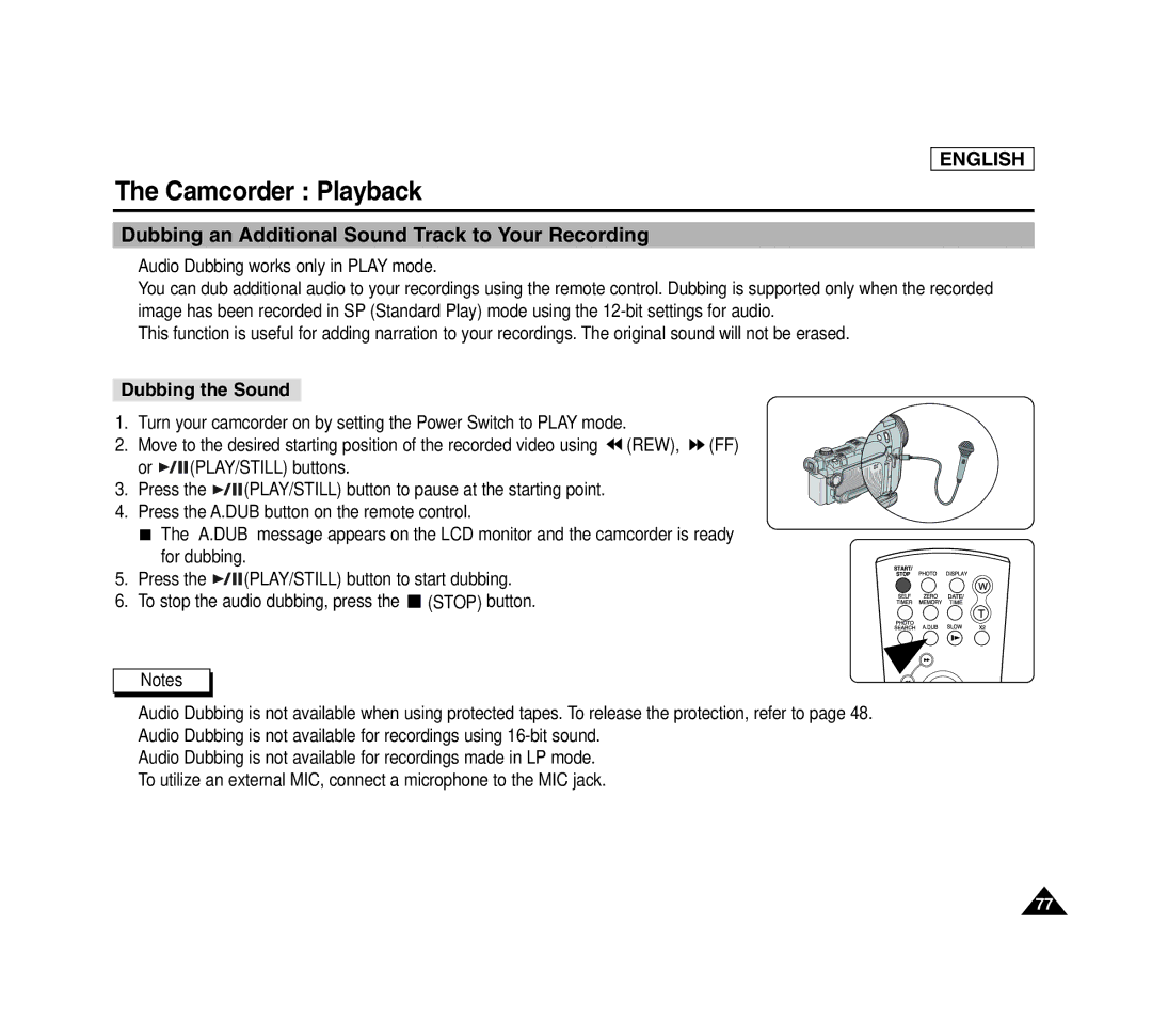 Samsung SCD6040 manual Dubbing an Additional Sound Track to Your Recording, Dubbing the Sound 