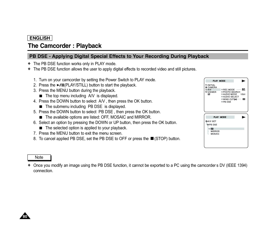 Samsung SCD6040 manual Submenu including PB DSE is displayed 